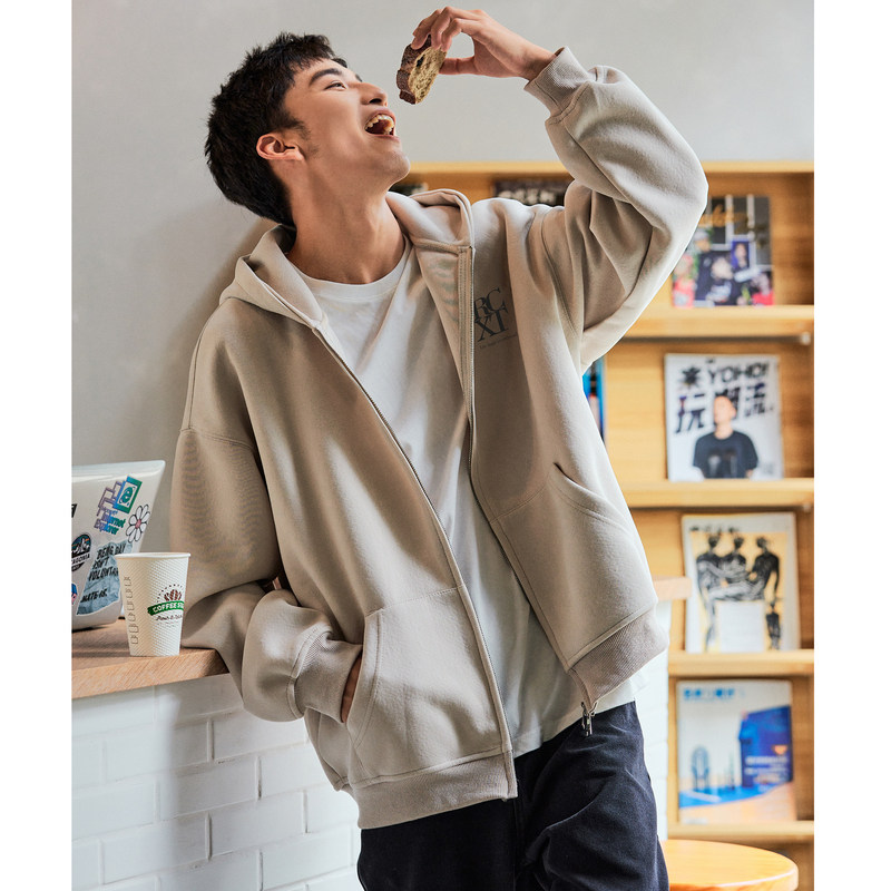 唐狮2024春秋季新款连帽开衫卫衣男士美式日常休闲黑色上衣外套潮