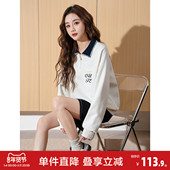 新款 女polo短款 撞色宽松显瘦长袖 唐狮春季 上衣白色爆款 设计感