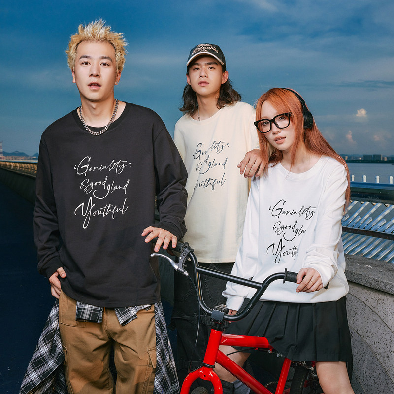 唐狮2024秋季新款长袖T恤男美式印花宽松上衣圆领内搭打底衫潮酷