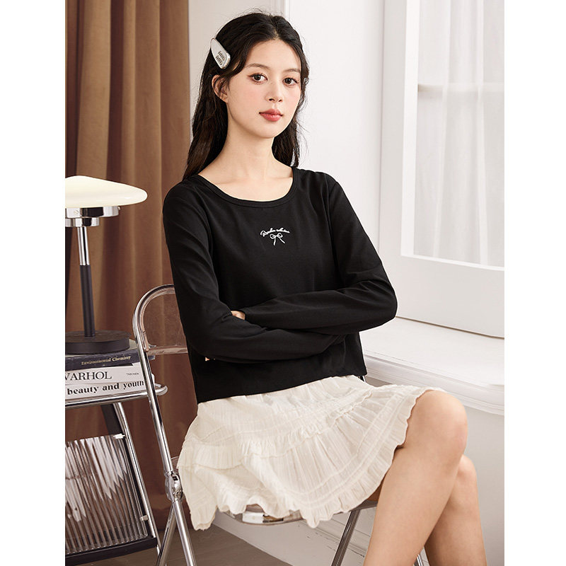 唐狮2024秋季新款短款长袖T恤女韩系百搭内搭甜美上衣女黑色显瘦