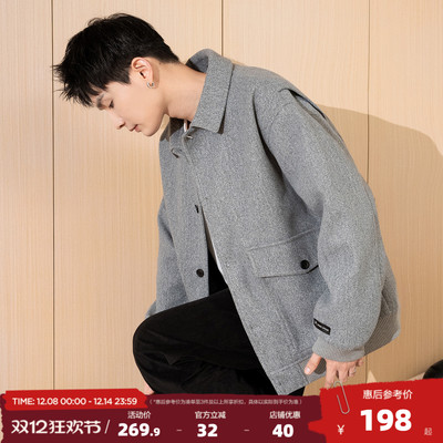 唐狮毛呢外套男2025秋冬季新款翻领工装毛呢大衣外套短款加厚保暖