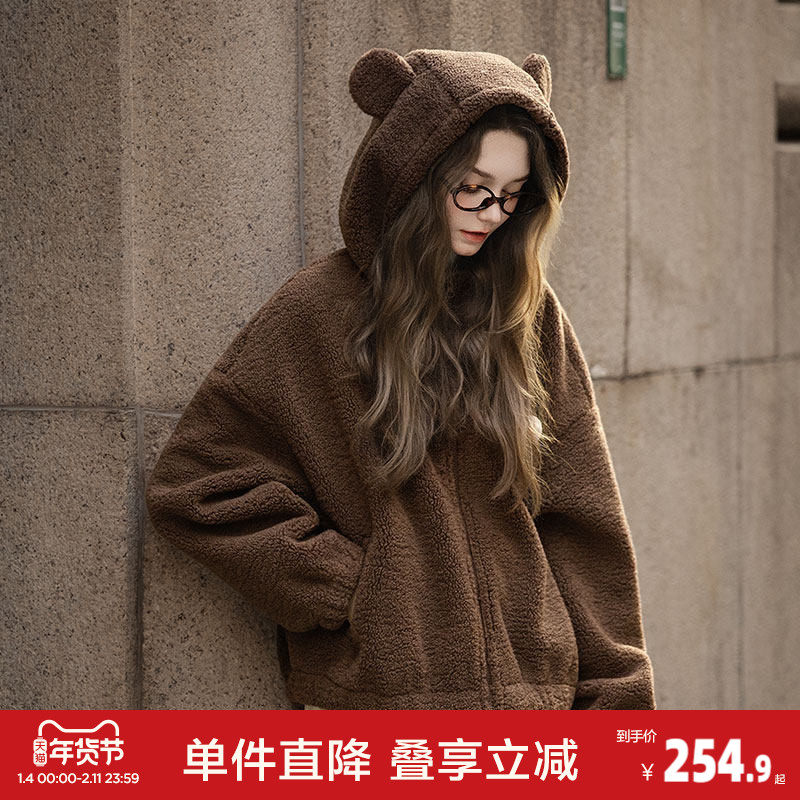 唐狮2026秋冬季连帽加厚外套女短款仿羔毛外套棕色拼接格纹超好看,女装/女士精品,短外套,淘宝优惠券,粉丝福利购,淘宝优惠卷