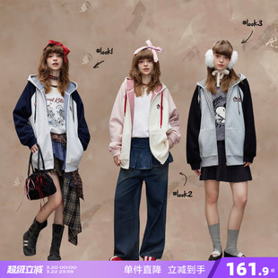 唐狮2026秋冬连帽外套女针织插肩袖撞色可爱风学生加绒小个子外套