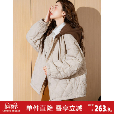 唐狮冬季新款连帽棉衣女外套夹棉假两件短款百搭菱形格棉袄