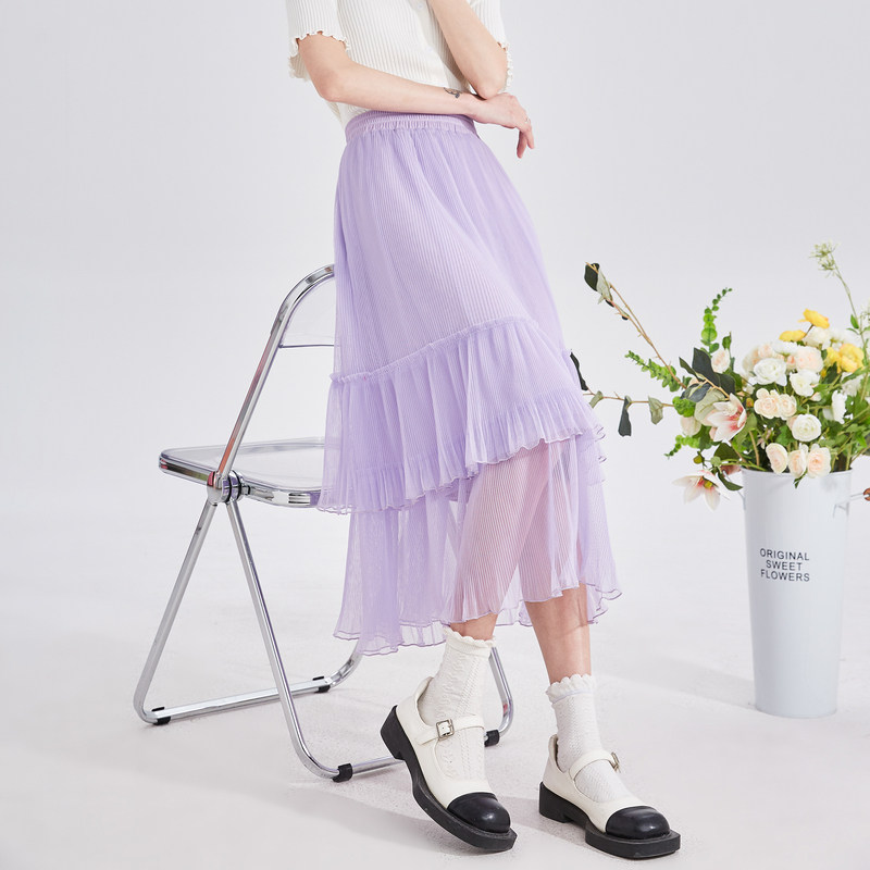 唐狮百褶蛋糕裙女新款白色半身长裙女夏高腰a字甜美纱裙百搭