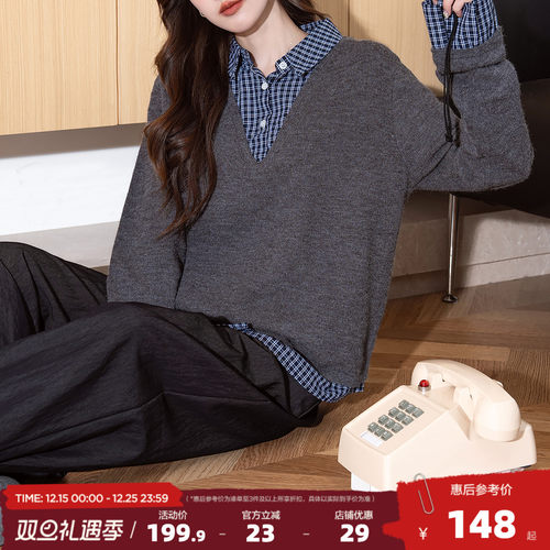 唐狮2025秋冬季毛衣女超好看格子布拼接假两件翻领套头慵懒风