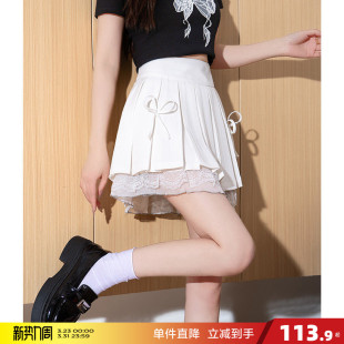 唐狮夏季 百褶裙女设计感蕾丝花边拼接小众辣妹a字短裙半身裙jcc