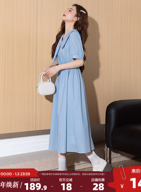 唐狮海军领短袖连衣裙2025新款裙子女夏季长裙蓝色法式气质女装l2