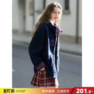 唐狮2026冬季 外套女连帽拼接格纹仿羊羔毛加厚保暖藏青色外套 短款