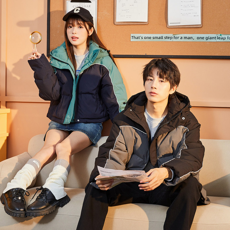 唐狮新款特别情侣装拼接撞色羽绒服连帽女短款修身羽绒服G