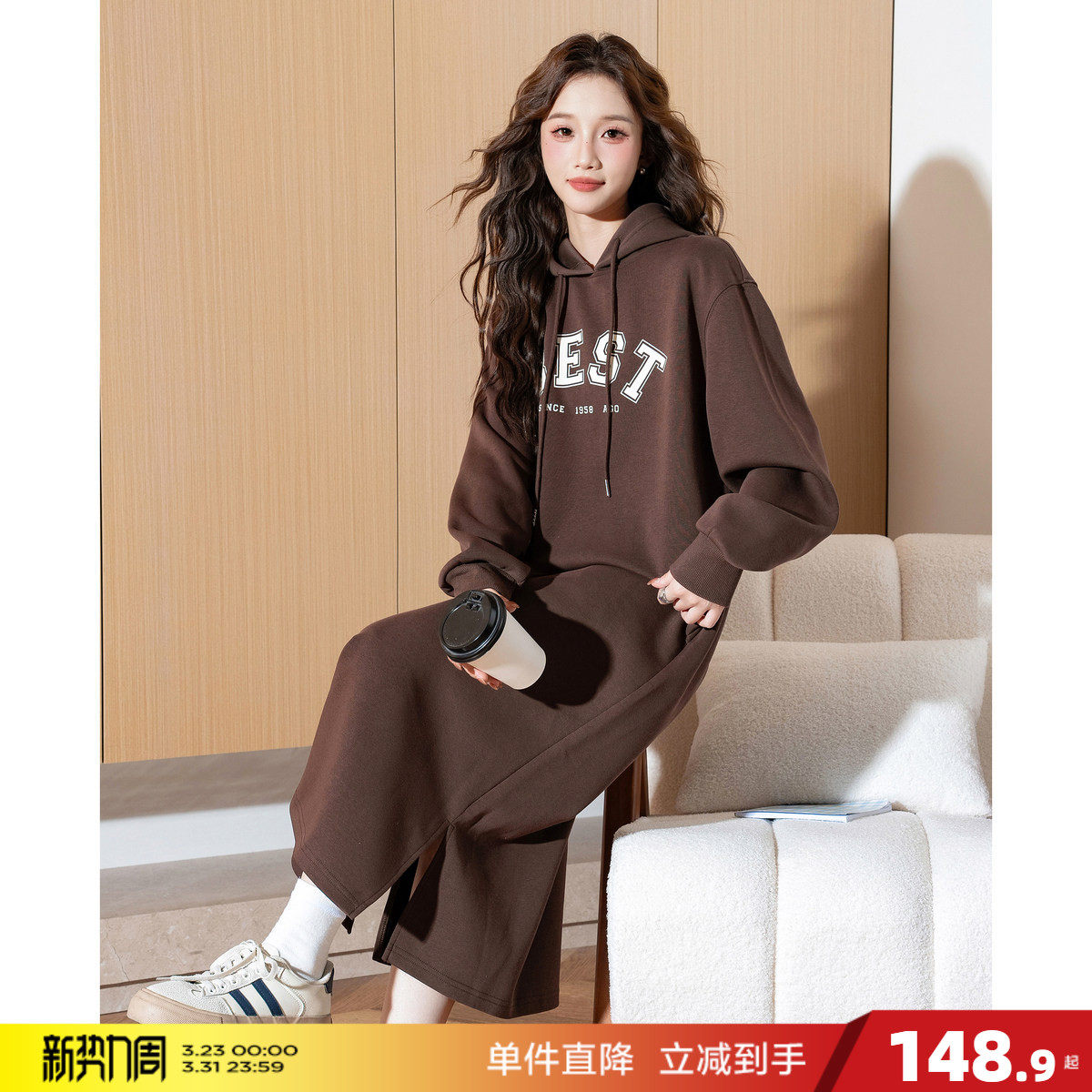 唐狮连帽卫衣连衣裙女秋冬新款长裙宽松休闲裙子长袖卫衣裙女装y5