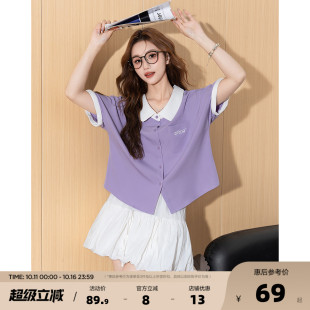 短款 唐狮2025夏季 衬衫 女短袖 拼接翻领polo学院风少女甜美休闲 新款
