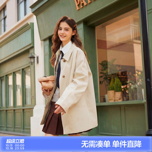 唐狮2026春季女翻领中长款外套长袖纯色风衣单排扣外套通勤日常