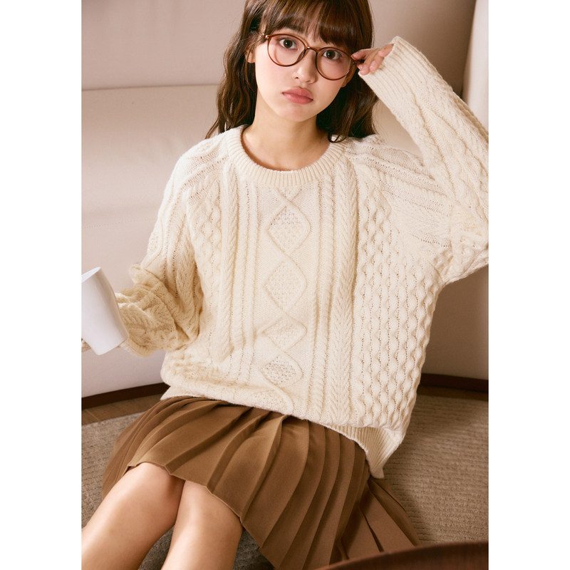 唐狮绞花毛衣女2024新款日系慵懒高级感毛线衫冬季软糯内搭上衣