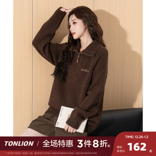 复古 美式 唐狮2025秋冬季 女毛衣女翻领拉链半开襟净色小细节毛线衫