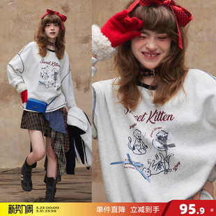 唐狮2026秋冬加绒卫衣女圆领卡通印花明线设计宽松慵懒风设计时尚