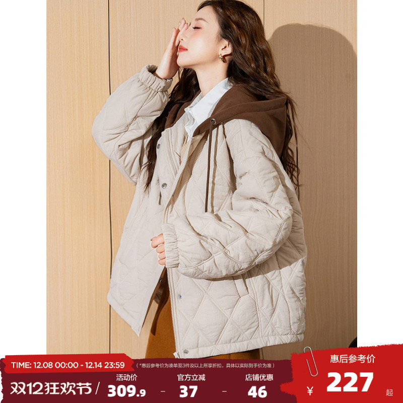 唐狮2025冬季新款连帽棉衣女外套夹棉假两件短款百搭菱形格棉袄