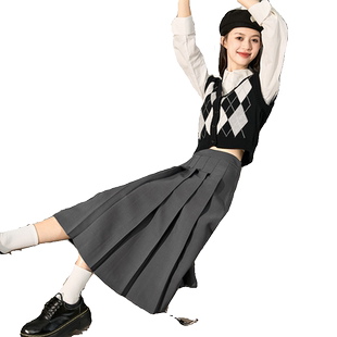 唐狮灰色百褶裙中长款半身裙女夏新款a字半身裙春秋女裙X1