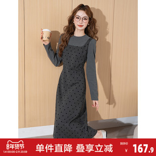 唐狮2026秋冬季女连衣裙假两件长裙灰色气质温柔风波点小个子穿搭