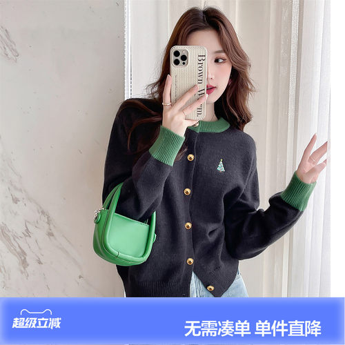 唐狮2026秋冬毛衣女灰色百搭精致刺绣圆领针织开衫外套高级感时尚