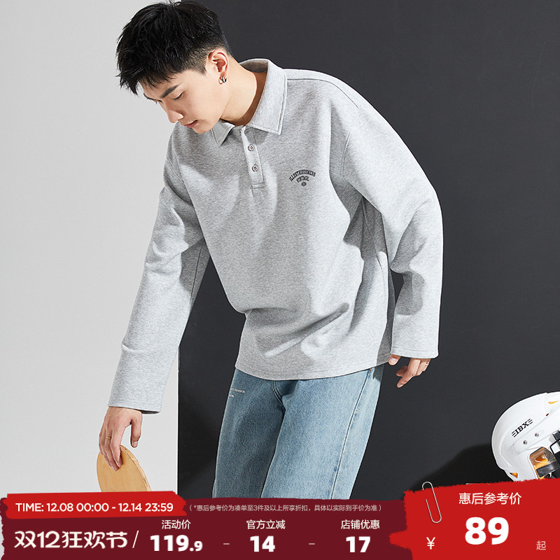 唐狮春秋季新款长袖polo衫男潮流带领美式休闲宽松年轻黑色上衣潮