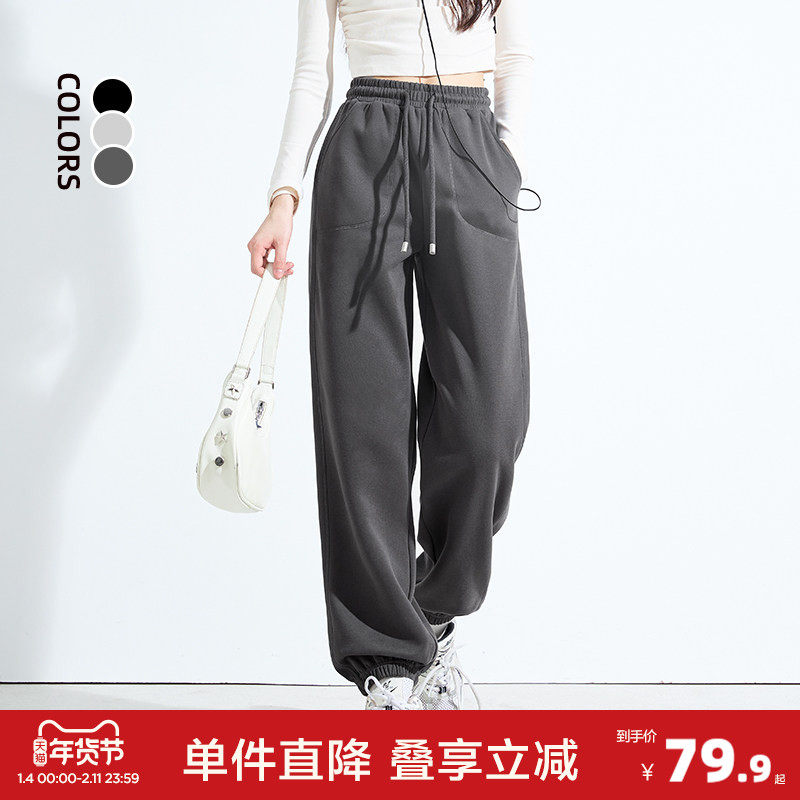 唐狮2025春秋季新款运动裤女三针五线宽松休闲长裤束脚灰色卫裤