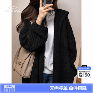 唐狮慵懒风大翻领女士针织开衫秋季长款粗线宽松落肩加厚毛衣外套