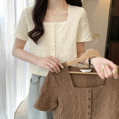 唐狮方领肌理通勤短袖T恤女
