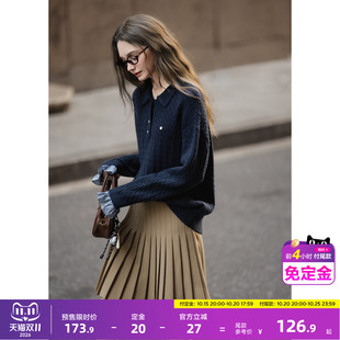 唐狮秋冬季女POLO领净色绞花袖口拼接假两件毛线衫好看上衣