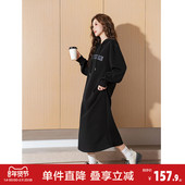 宽松长袖 唐狮连帽加绒卫衣裙女长款 连衣裙秋冬款 针织裙黑色裙子y1