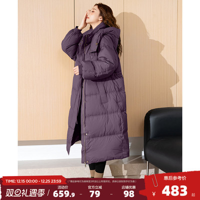 唐狮新款女长款收腰黑色羽绒服女2025新款冬季连帽厚外套慵懒风cq