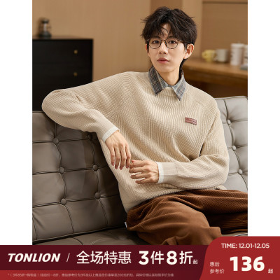 唐狮2025秋冬季新款毛衣针织衫男宽松慵懒风复古青少年圆领套头潮