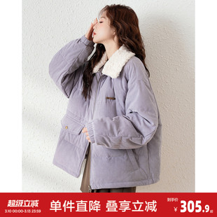 唐狮2026秋冬季短款棉衣女款翻领羊羔毛拼接加厚面包服保暖时尚