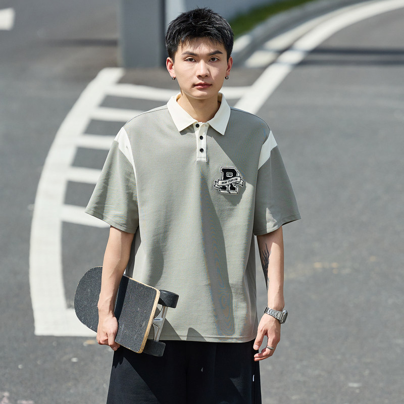 唐狮2024夏季新款短袖polo衫男宽松黑色拼接上衣男带有翻领t恤潮