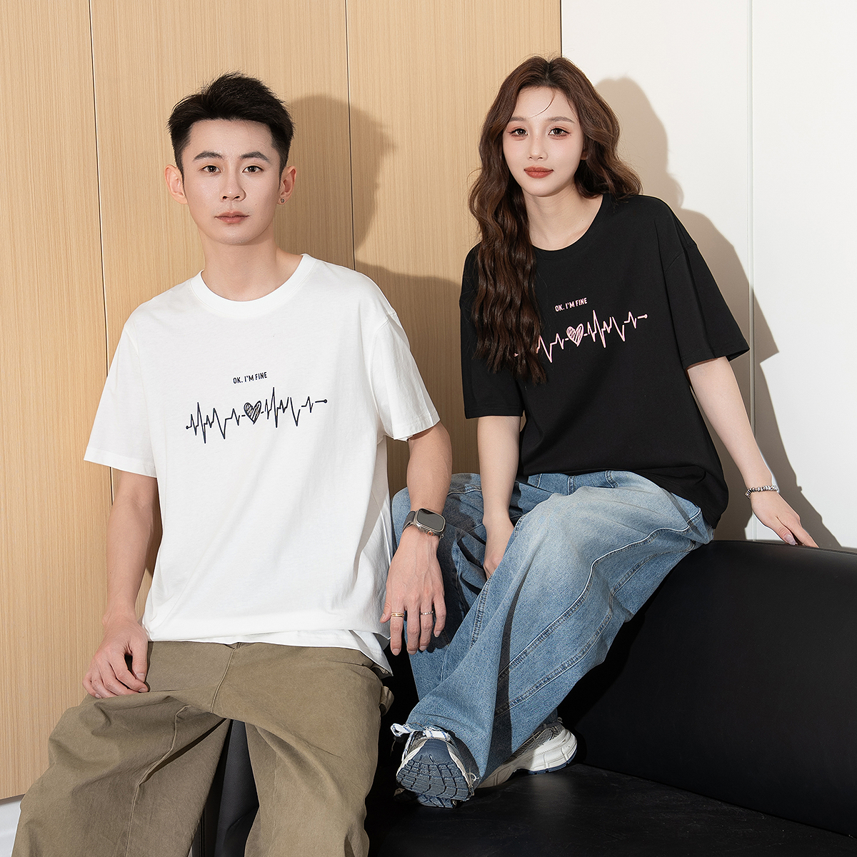 唐狮情侣短袖T恤女2025夏季新款简约印花宽松显瘦圆领纯棉上衣男
