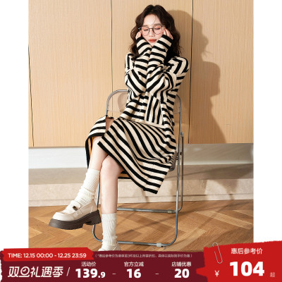 唐狮冬季小个子连衣裙女黑色条纹裙子中长款宽松外套针织毛衣裙p9