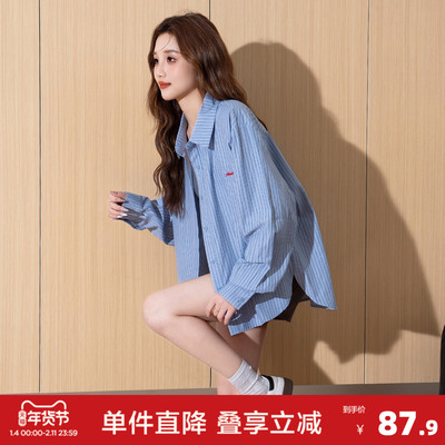 唐狮2026新款女衬衫夏季长袖不规则下摆条纹休闲蓝衬衣外套韩系bl