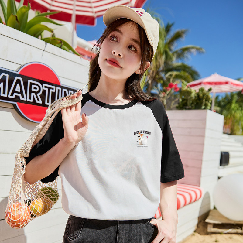 [爱宠大机密联名]唐狮后背印花短袖T恤女夏季学院风插肩袖上衣sz