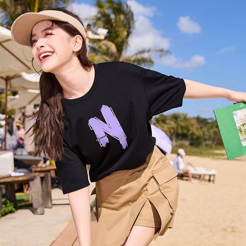 唐狮圆领短袖T恤女夏季内搭打底衫女2024新款独特别致宽松上衣