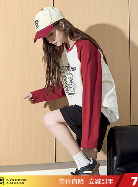 唐狮长袖T恤女秋新款内搭拼接红色插肩袖上衣宽松百搭上衣pc