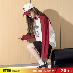 上衣宽松百搭上衣pc 内搭拼接红色插肩袖 唐狮长袖 T恤女秋新款