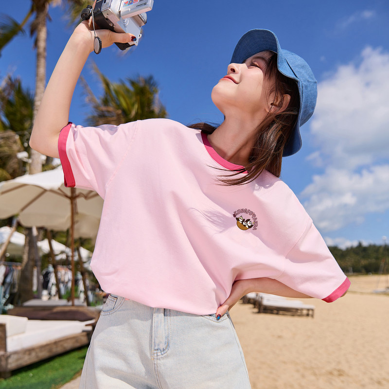 [功夫熊猫联名]唐狮撞色圆领短袖T恤女2024新款夏季纯棉上衣潮sz