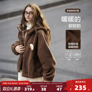 唐狮2025秋冬季 仿羊羔绒外套棕色拼接格纹毛茸茸 加厚外套女短款