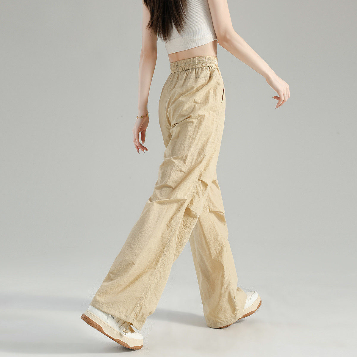 唐狮26夏季新款休闲裤女宽松显瘦薄款速干松紧腰抽绳捏褶工装裤W