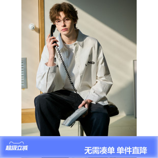 唐狮2026春季新款男长袖衬衫白色字母印花潮牌宽松衬衫外套潮流