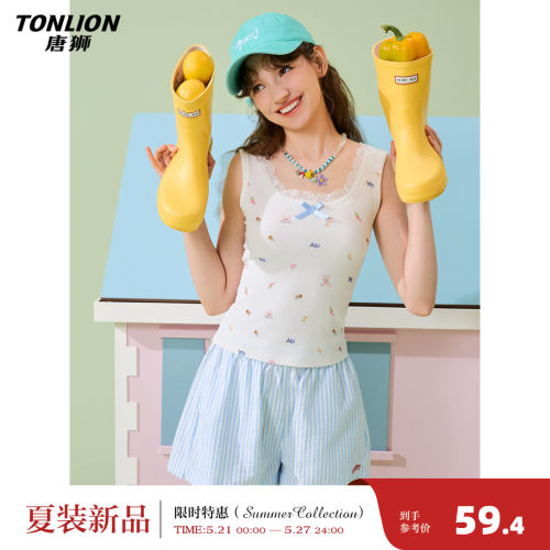 唐狮2026夏季新款背心女满印蕾丝背心内搭无袖上衣外穿设计少女风
