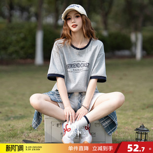 唐狮新款 夏日穿搭t恤女撞色纯棉舒适宽松休闲上衣 2026好看短袖