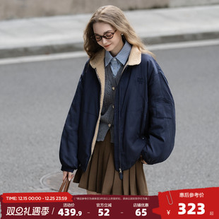 棉衣保暖夹克 厚外套女撞色仿羊羔绒领子短款 唐狮2025秋冬季 短款