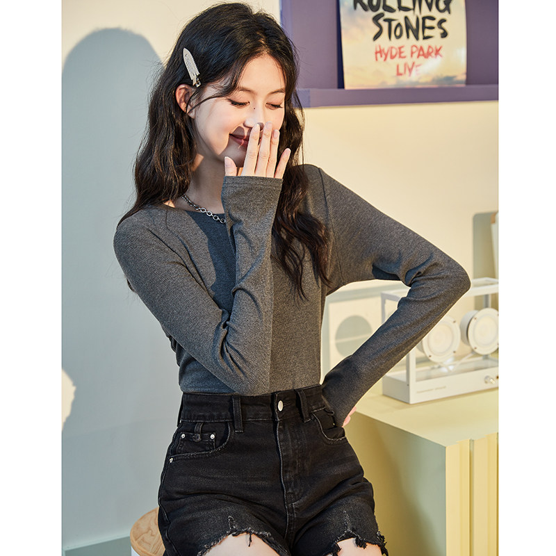 唐狮黑色加绒圆领内搭打底衫女2025春秋新款U领上衣半高领长袖T恤