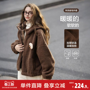 唐狮春秋季加厚外套女短款仿羊羔绒外套棕色拼接格纹毛茸茸时尚
